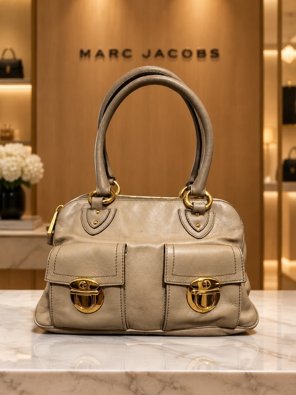 Marc Jacobs  Blake Taupe Leather Satchel with Gold Hardware